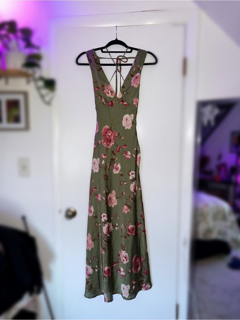 Floral Olive Green Maxi Dress with Pink Rose Print